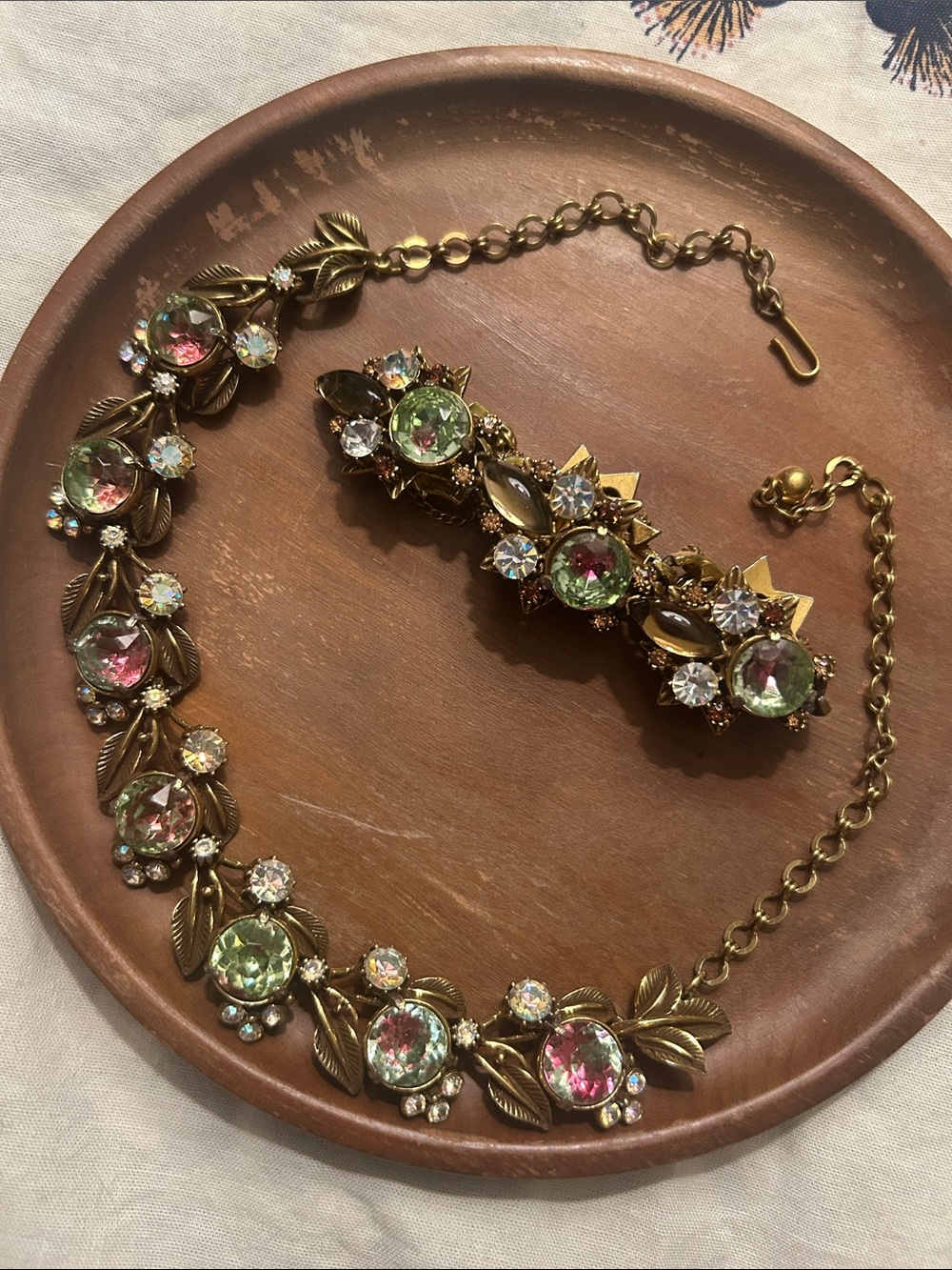 Vintage Florenza Green Pink Watermelon Crystal Leaf Necklace and Bracelet Set